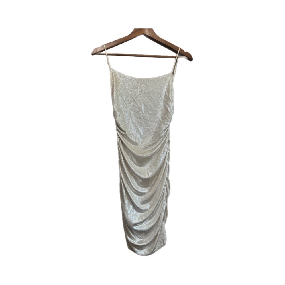 City Vibe Ruched Mini Dress Womens Large Silver Metallic Open Back Excellent